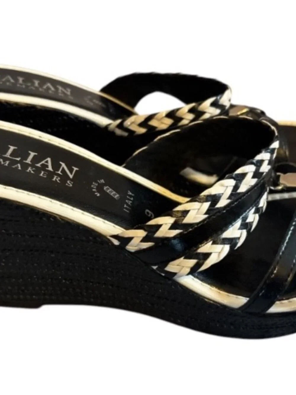 Italian Shoemakers Made In Italy Wedge Heel  Black & White Slide Sandals Shoes S